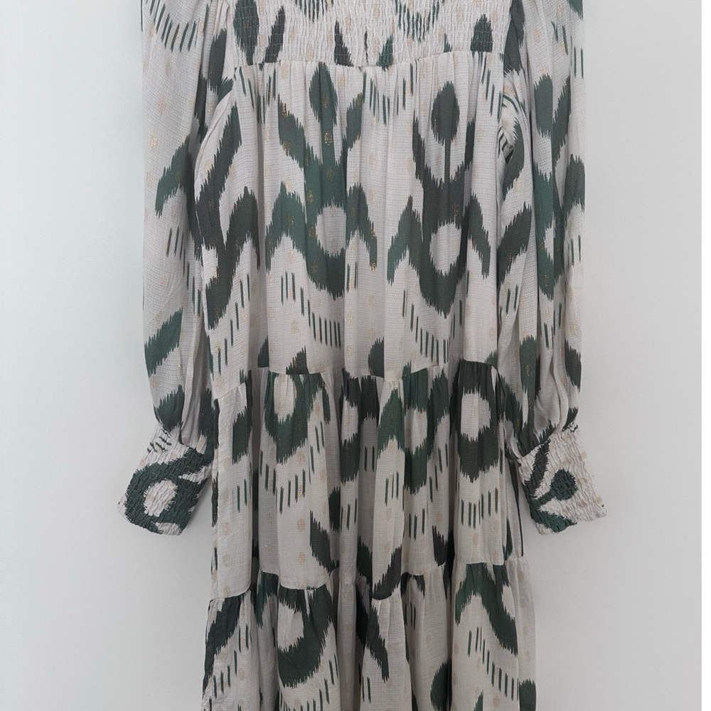 Oliphant Smocked Neck Mini Dress in Chitka Forest Green Cream Balloon Sleeve - Picture 9 of 12